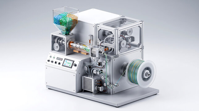 Regeneration unit extruding plastic pellets, a complex industrial machine with a spool of finished