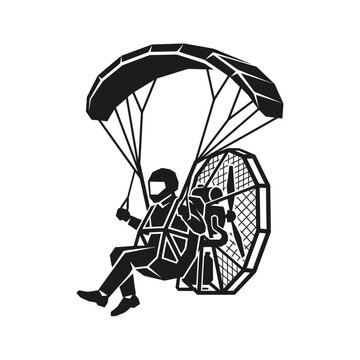 Paramotor pilot flying with parachute