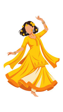 Indian woman dancing at Haldi ceremony ritual. Traditional bride or guest in yellow ethnic wear for pre-wedding celebration. Isolated vector illustration for invitation design.
