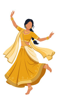 Indian woman dancing in traditional yellow lehenga choli and dupatta. Flat vector illustration for Diwali, Navratri festival, and wedding celebration. Isolated on transparent background.