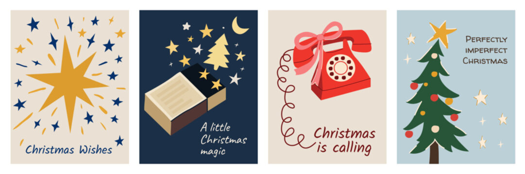 Whimsical Christmas holiday greeting card collection with starburst, winter village, vintage telephone and decorated tree. Hand drawn retro vector designs with textured folk art illustrations. Vector 