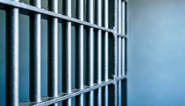 Dark metal prison bars in a row. Repeating vertical steel grates in a jail cell. Muted blue background with copy space