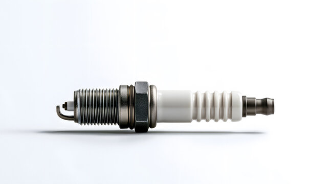 Horizontal studio shot of a single automotive spark plug on a white background, representing engine ignition, auto maintenance, vehicle spare parts, and mechanical engineering.