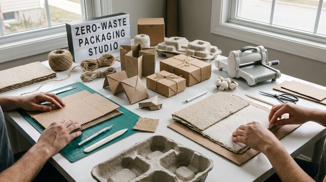People working in a zero-waste packaging studio crafting sustainable materials.