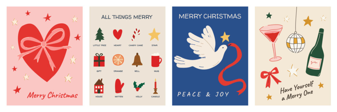 Whimsical Christmas holiday greeting card collection with festive bow, holiday icon chart, dove with ribbon and champagne bottle. Hand drawn retro vector designs with textured folk art illustrations