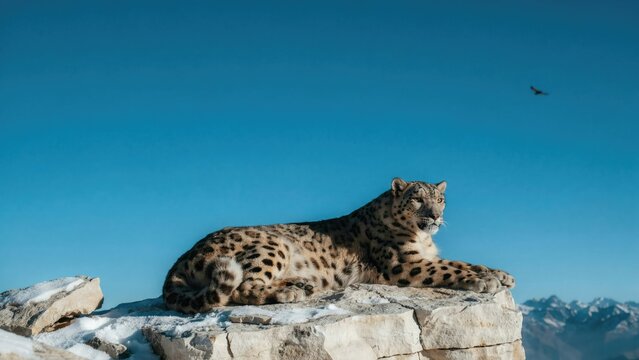 A snow leopard resting on a rocky mountain peak against a clear blue sky