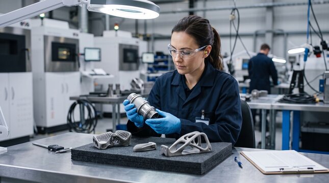 Quality engineer reviews finished metal additive parts