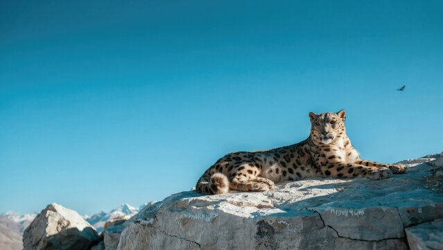 A snow leopard resting on a rocky mountain peak against a clear blue sky