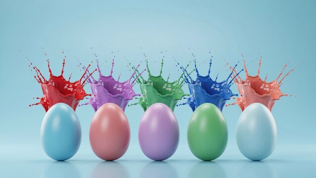 Five colorful easter eggs arranged in a row with vibrant paint splashes behind them