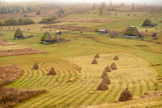 View of traditional wooden houses with thatched roofs and haystacks scattered across a rolling rural landscape in the misty countryside of Alba Iulia, Alba County, Romania.