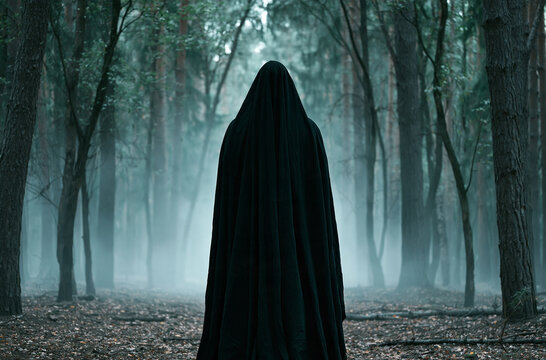 Mysterious figure in black cloak hood standing in foggy dark forest for halloween