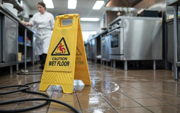 Yellow caution wet floor sign standing on a tiled kitchen floor with a chef in the background