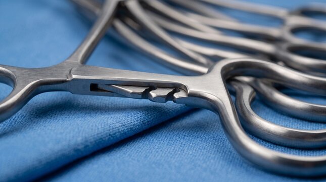 Close detail of stainless surgical clamp mechanisms