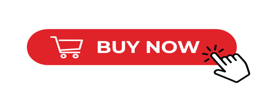 Buy now red button with clicking hand cursor icon for ecommerce shopping and online purchase interface design