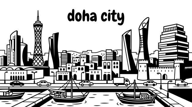 doha city skyline urban vector architecture downtown landmark travel tourism world famous destination metropolitan culture modern historic district