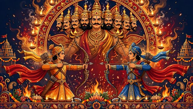 Powerful multiheaded demon king Ravana towering over traditional Indian warriors Rama and Lakshmana aiming glowing bows during epic Dussehra festival 