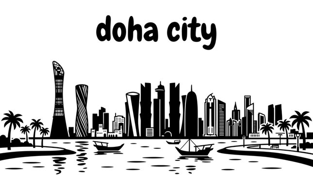 doha city skyline urban vector architecture downtown landmark travel tourism world famous destination metropolitan culture modern historic district