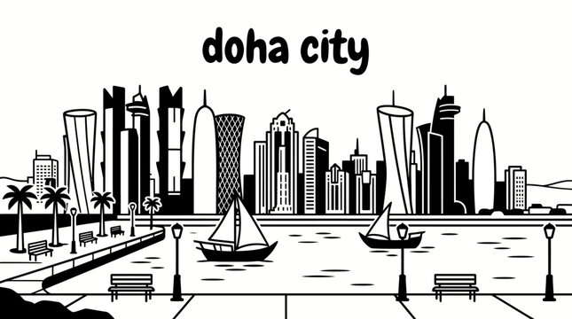 doha city skyline urban vector architecture downtown landmark travel tourism world famous destination metropolitan culture modern historic district