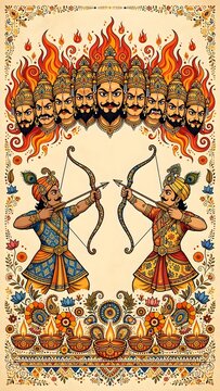 Ten headed demon king Ravana hovering above heroic archers aiming bows and arrows during epic mythological battle scene surrounded