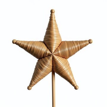 Handwoven raffia christmas tree topper, fivepoint star, natural beige holiday decoration on white background