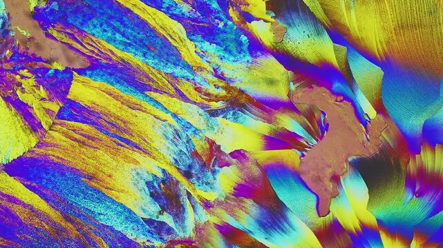 Real time observation of high velocity crystallization process showing explosive crystal growth with fan shaped spherulite structures under cross polarized light microscope science background
