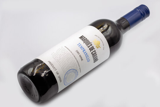 Marques de Carano Tempranillo Spanish wine bottle closeup on white.