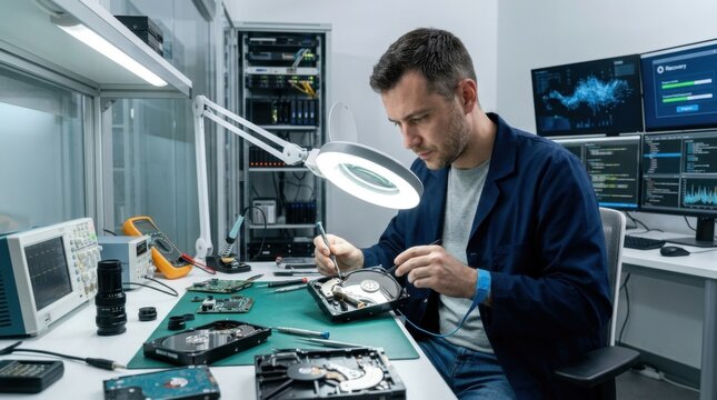 Engineer repairing computer hard drive with magnifying lamp in modern electronics laboratory