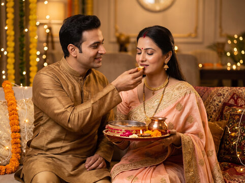 Indian Couple Celebrating Karwa Chauth with Traditional Puja Thali at Home