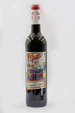 Bus 9 Lisboa 2021 Portuguese red wine bottle closeup on white.