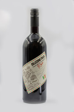 Collezione Italia Castelli Romani red wine bottle closeup on white.