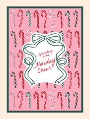 Naklejka na ściany i meble Christmas greeting card with hand lettered Holiday Cheer text in a green ribbon bow frame on a pink candy cane pattern. Cute coquette style festive holiday design