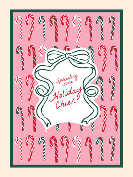 Christmas greeting card with hand lettered Holiday Cheer text in a green ribbon bow frame on a pink candy cane pattern. Cute coquette style festive holiday design