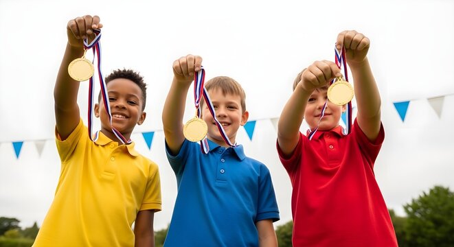 Proud Young Champions holding gold medals outdoors with bunting flags, ideal for school sports day promotions, youth achievement concepts, and educational success marketing.