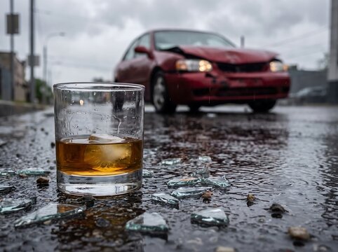 A close-up view of a whiskey glass with ice and shattered glass pieces on a wet asphalt street, blurred red car wreck and streetlights in background representing tragic consequences of drunk driving.