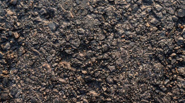Rough dark grey asphalt street texture shows coarse gravel pieces mixed with tar creating a gritty surface pattern for infrastructure construction projects or industrial road paving material use