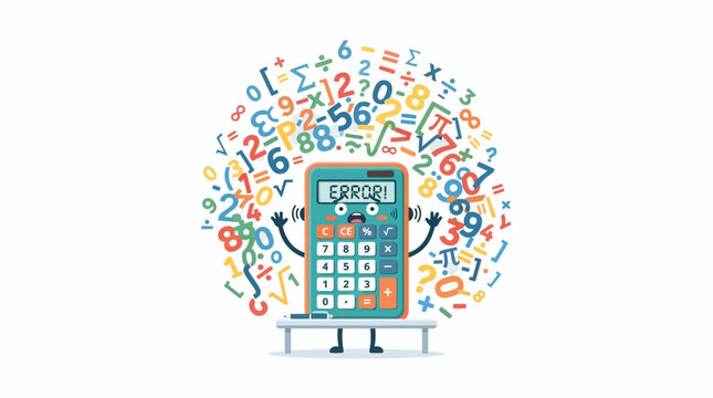 Confused calculator showing error message surrounded by a chaotic swarm of math numbers and symbols