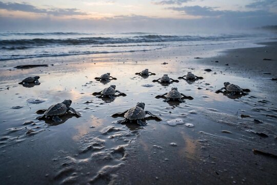 Baby sea turtles heading to the ocean at dawn