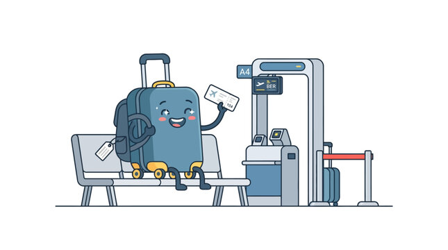Cartoon blue travel suitcase character sitting on an airport bench holding a boarding pass waiting for a flight at the terminal gate