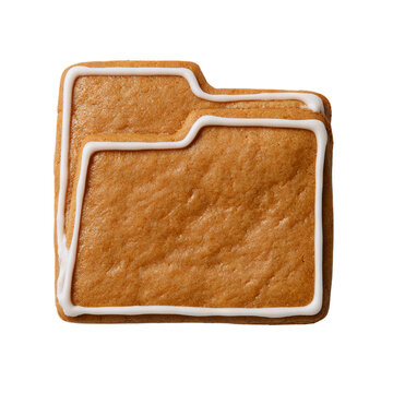 Gingerbread cookie shaped like a computer folder icon with white icing outline. Isolated white background. Png format