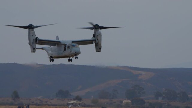 Osprey aircraft coming in for a vertical landing during a demonstration