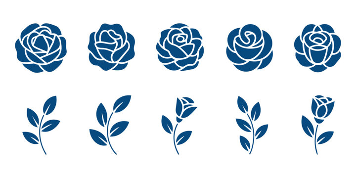 Collection of blue rose floral stencil elements with leaves and branches. Vector flat icons set for crafts and designs on a transparent checkered background.