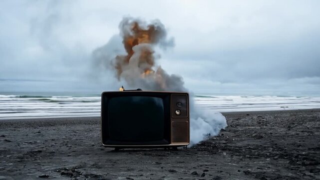 Vintage tv explosion on beach shore