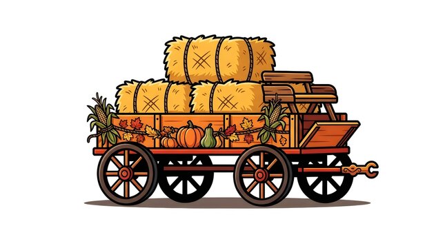 Hayride wagon with hay bales Autumn Harvest Vector Illustration