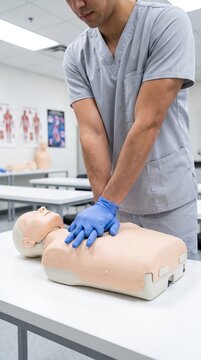 Medical Student in Scrubs and Blue Gloves Performing CPR Chest Compressions on a Training Manikin in a Simulation Lab for BLS Certification and First Aid Skills Training Class