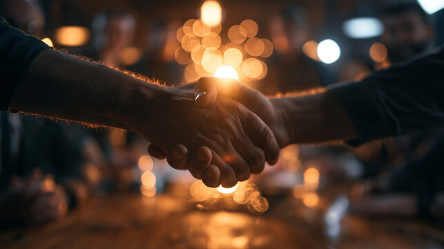 Close-up of Handshake Sealing Business Deal in Atmospheric Lighting