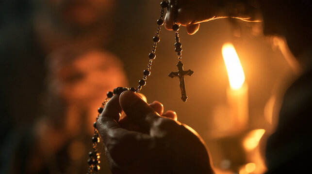 Hands Holding Rosary Praying by Candlelight
