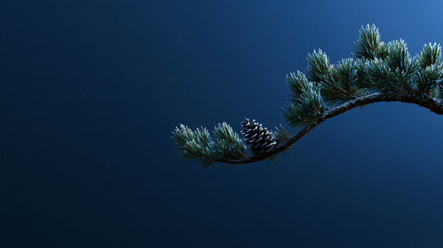 Frosted Pine Branch with Pinecone on Blue Background