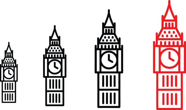 Vector clock tower icons set showing growth progress from small to large red