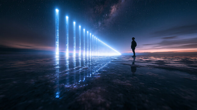 Futuristic Glowing Light Pillars Extending Into Cosmic Night Horizon