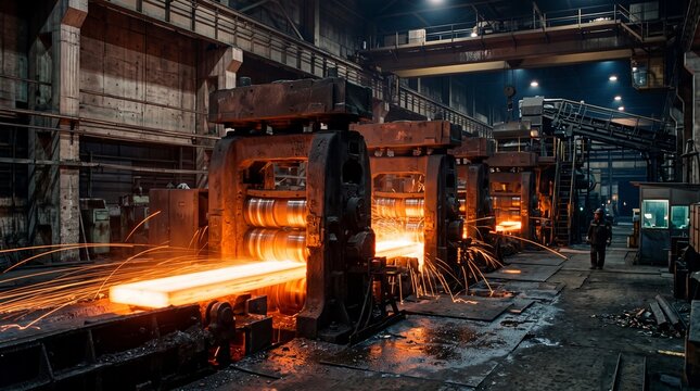Hot Glowing Steel Rolling Process in Heavy Industrial Mill